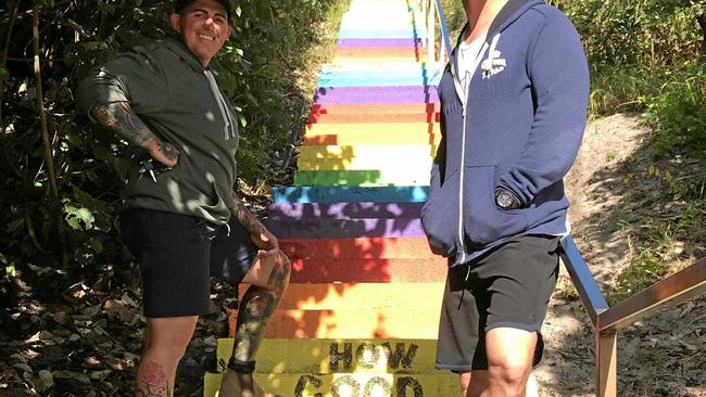 Bron Noffke and Chris Hemsworth at the Rainbow steps.