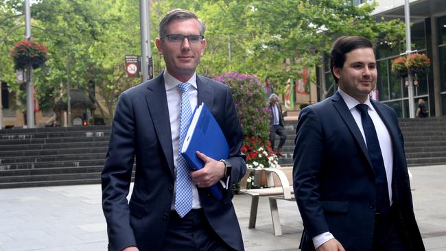 State Treasurer Dominic Perrottet walking into a press conference before handing down the budget. Picture: NCA NewsWire / Jeremy Piper