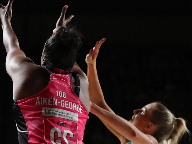 Adelaide Thunderbirds player Romelda Aiken-George from this year's grand final with "The world's best netballers, the world's best netball league" on the wall in the background., , Image: Gettyimages, , ID: 2165096874