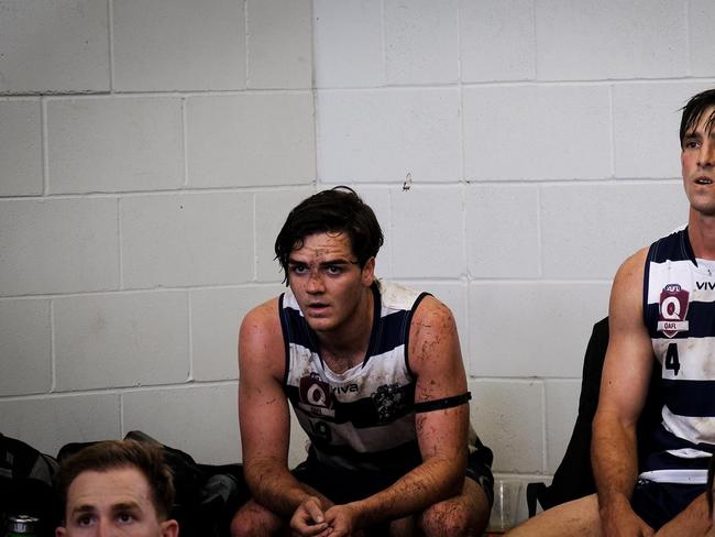 Broadbeach Cats player Jack O'Shea (left) in the dressing room: Picture credit: Brooke Sleep Photography.