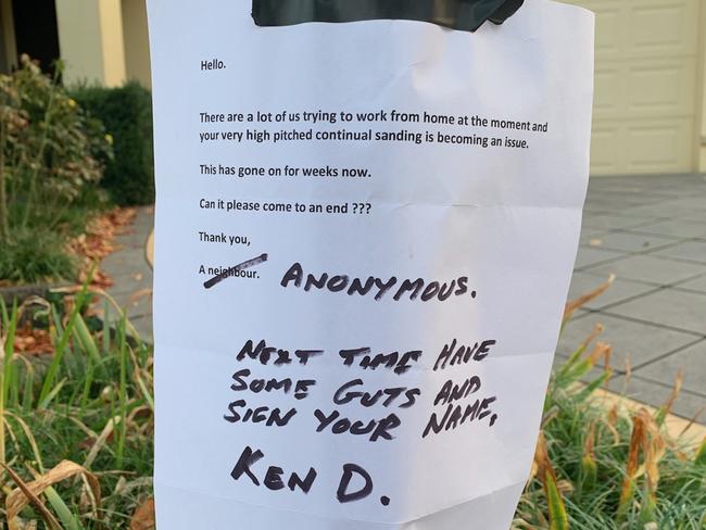 A Croydon man clapped back at his anonymous neighbour after they left this note inside his letterbox. Picture: Supplied