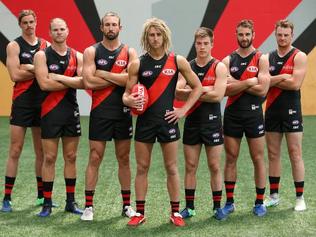 The dawn of a new era is upon Essendon. The club’s leadership group Joe Daniher, Michael Hurley, Cale Hooker, Dyson Heppell, Zach Merrett, Jobe Watson and Brendon Goddard. Picture: Wayne Ludbey