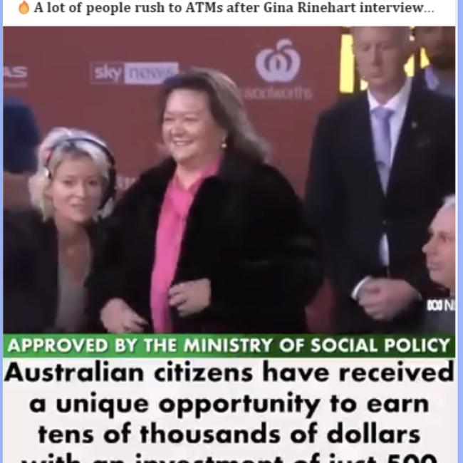 Just one of the 750 fake advertisements using businesswoman Gina Rinehart's image without approval. Picture: Facebook