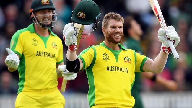 David Warner celebrates reaching his century against Pakistan at Taunton.