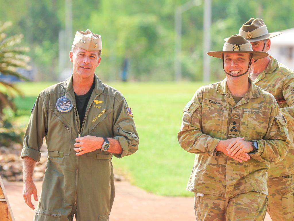 Commander of US military forces in the Indo-Pacific Admiral John C. Aquilino with the Commander of 1st Brigade, Brigadier Nick Foxal at Darwin’s Robertson Barracks. Picture: Glenn Campbell