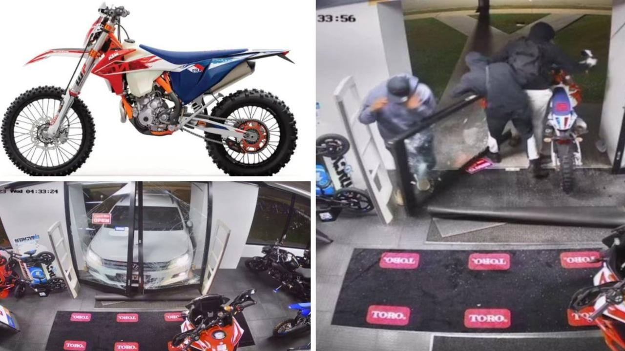 CCTV footage of a break in at Gladstone Motorcycles and the KTM Six Days motorbike stolen.