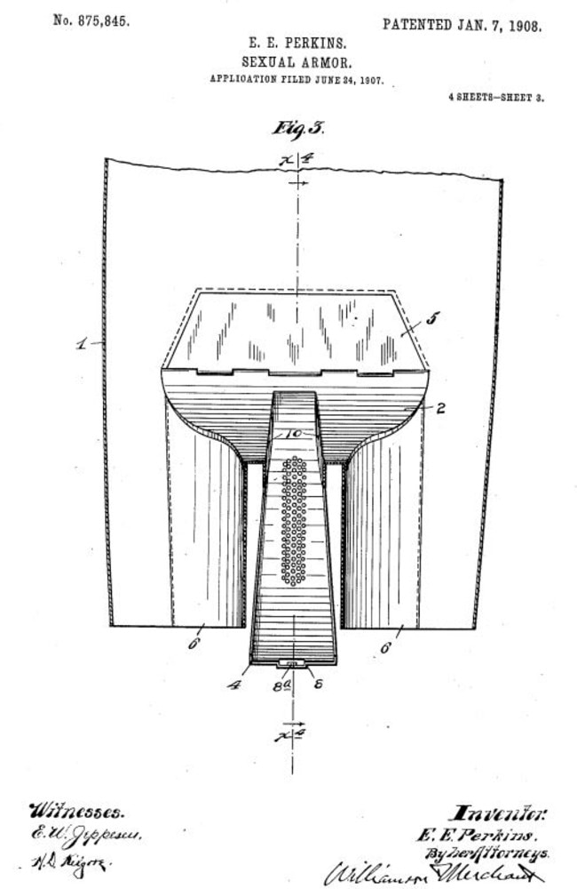 It’s unclear whether this 1908 contraption was intended to be worn underneath clothing while in public. Picture: USPTO