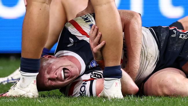 SYDNEY, AUSTRALIA - MAY 07:  Drew Hutchison of the Roosters reacts after a tackle during the round nine NRL match between the Parramatta Eels and the Sydney Roosters at Bankwest Stadium on May 07, 2021, in Sydney, Australia. (Photo by Cameron Spencer/Getty Images)