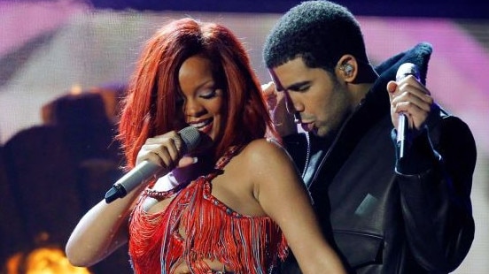 Drake onstage with ex-girlfriend Rihanna.