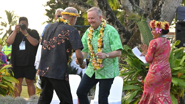 AustraliaÃ¢â¬â¢s Prime Minister Anthony Albanese dances before receiving a gift during a welcome ceremony the Pacific Islands Forum (PIF) in Aitutaki, Cook Islands, Wednesday, November 8, 2023. (AAP Image/Mick Tsikas) NO ARCHIVING