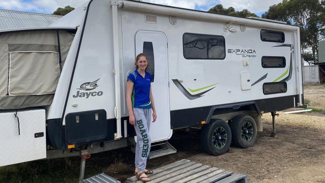 Seymour College student Kali Finlayson is isolating at home in Kaniva, in a caravan. Picture: Fleur Finlayson