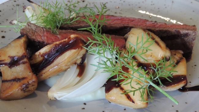 Tajima wagyu sirloin with soubise, king brown mushrooms and truffle balsamic glaze ($42).