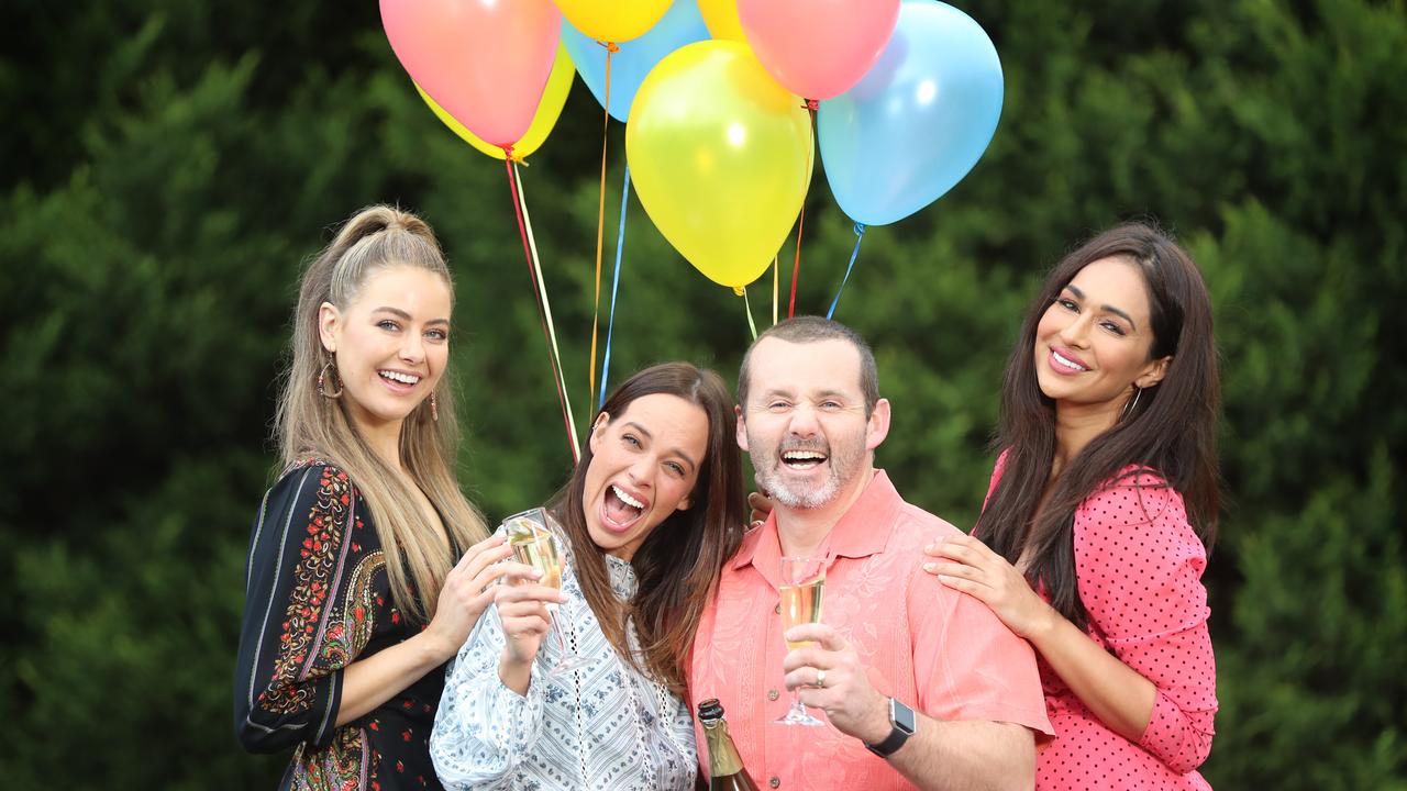 Neighbours cast members April Rose Pengilly, Bonnie Anderson, Ryan Moloney and Sharon Johal. Picture: Alex Coppel