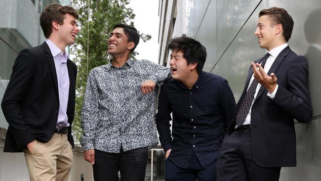 Sydney Grammar School students, (from left) Jack Zimmerman, Kiran Gupta, Alexander Yao and Richard Palumbo, who topped their courses in the 2018 HSC. Picture: Jonathan Ng