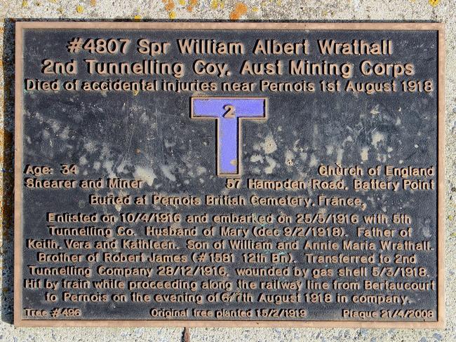 Sapper William Wrathall’s plaque on the Soldiers’ Memorial Avenue.