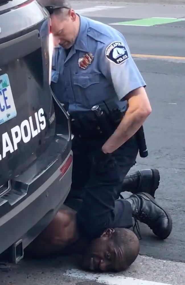 The shocking image showing former officer Derek Chauvin with his knee on George Floyd’s neck Picture: AFP