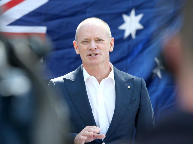 Campbell Newman at a press conference with his wife Lisa Newman, about is bid to run for the senate for the Liberal Democrats, Wilston, on Sunday 8th August 2021 - Photo Steve Pohlner