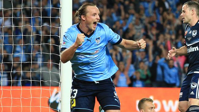 Rhyan Grant of Sydney FC celebrates a goal during the A League Grand Final, Sydney FC v Melbourne Victory at Allianz Stadium, Sydney. pic Mark Evans