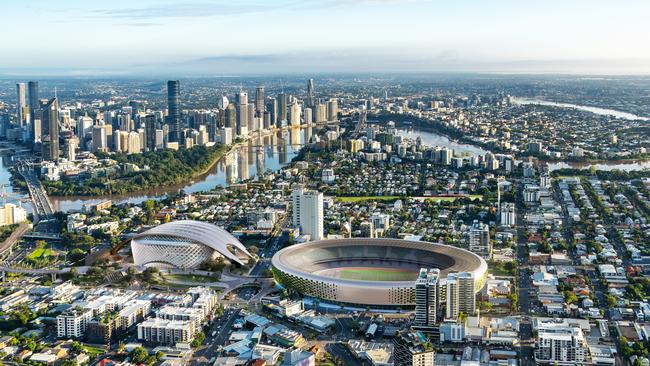 The Gabba Olympic precinct stadium render, designed by HAL Architects.