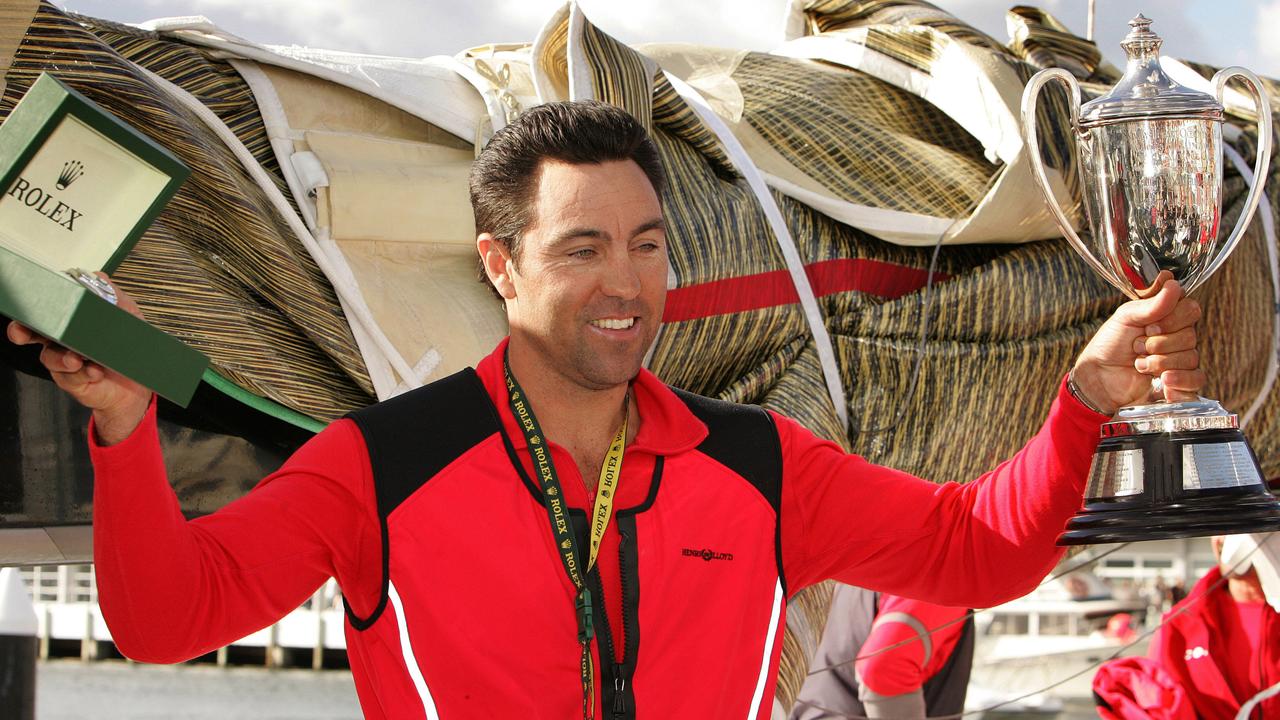 Wild Oats XI Skipper Mark Richards celebrates the win in 2005.