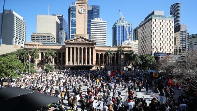 People gather for the Black Lives Matter rally in King George Square on Saturday. Picture: Peter Wallis