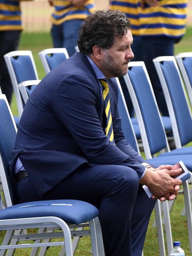 Former teammate Brendan Cannon at the public memorial service for Vickerman. Picture: AAP