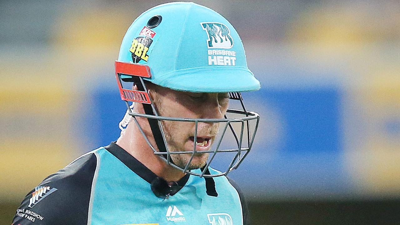 Chris Lynn of the Heat reacts after getting out during the Big Bash League (BBL) match between Brisbane Heat and the Adelaide Strikers at The Gabba, in Brisbane, Wednesday, December 19, 2018. (AAP Image/Jono Searle) NO ARCHIVING, EDITORIAL USE ONLY, IMAGES TO BE USED FOR NEWS REPORTING PURPOSES ONLY, NO COMMERCIAL USE WHATSOEVER, NO USE IN BOOKS WITHOUT PRIOR WRITTEN CONSENT FROM AAP