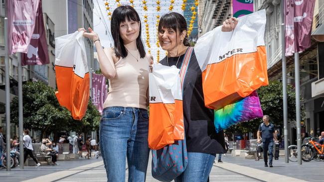 Shoppers Molly and her mum Gabby in Bourke Street Mall, Melbourne. Picture: Jake Nowakowski