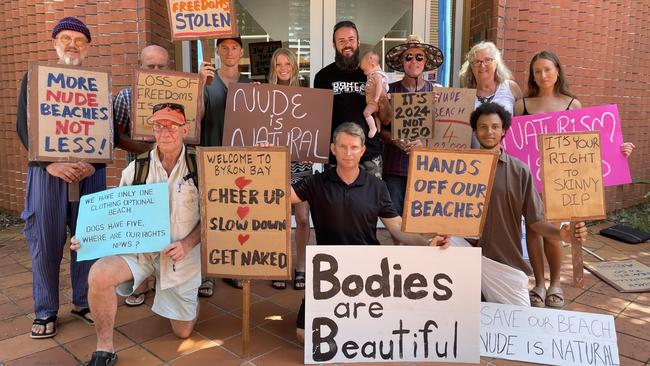 Byron Naturists Inc members at Byron Shire Council Chambers at Mullumbimby on Thursday. Club president Bradley Benham (front and centre) Picture: Sam Stolz