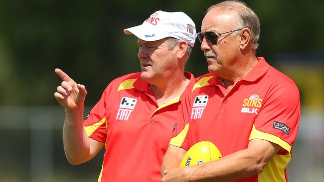 Former Gold Coast coach Rodney Eade and coaching adviser Malcolm Blight during a Gold Coast Suns training session at Metricon Stadium. Picture: Chris Hyde/Getty Images