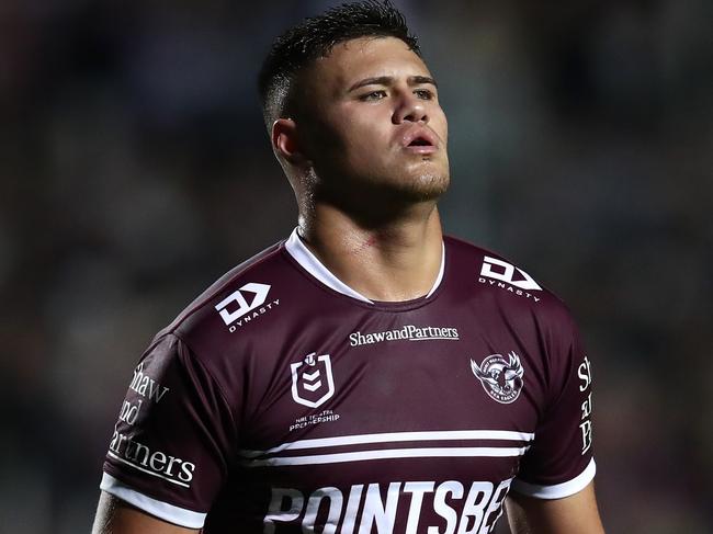 SYDNEY, AUSTRALIA - JUNE 09:  Josh Schuster of the Sea Eagles reacts during the round 15 NRL match between Manly Sea Eagles and Dolphins at 4 Pines Park on June 09, 2023 in Sydney, Australia. (Photo by Jason McCawley/Getty Images)