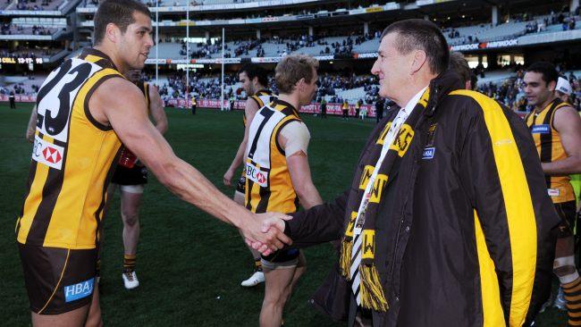 Jeff Kennett and Lance Franklin shake hands when Buddy played with the Hawks. Picture: Getty Images 