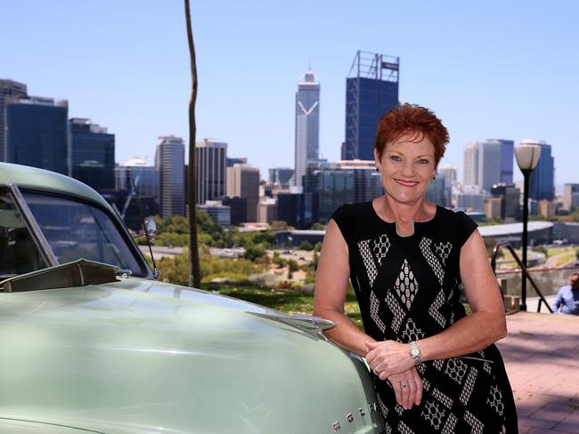 One Nation’s Pauline Hanson is ready to take on the major parties in the WA election. Here she is at Kings Park in Perth. Picture: Colin Murty