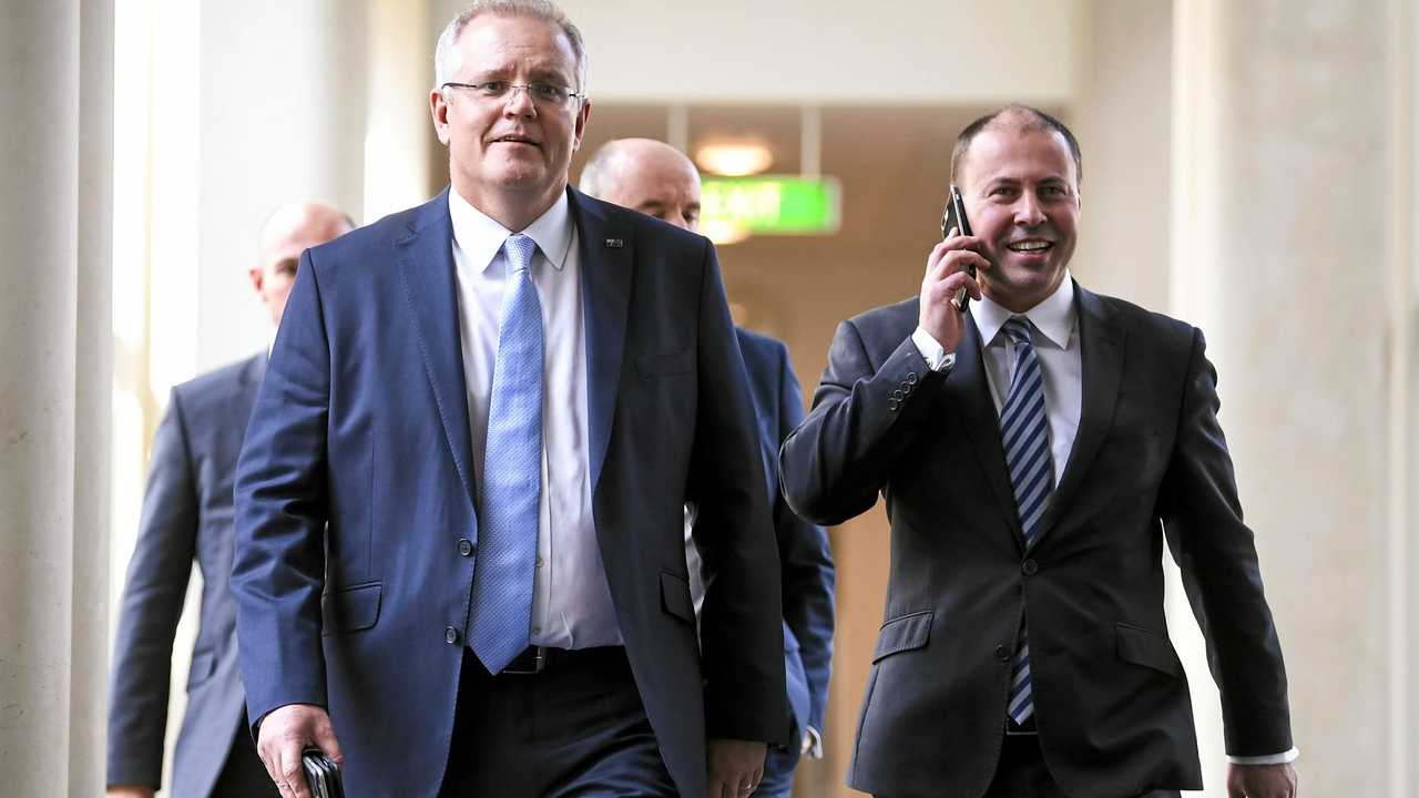 Prime Minister Scott Morrison and Deputy leader of the Liberal party Josh Frydenberg. Picture: LUKAS COCH