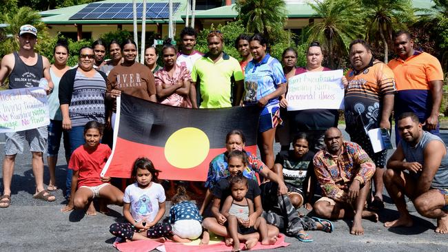 Protesters gather outside the Yarrabah Shire Council building. Picture: Isaac McCarthy