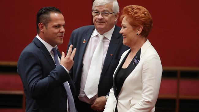 Pauline Hanson with One Nation senators Brian Burston Peter Georgiou at Parliament House in Canberra. Picture: Gary Ramage