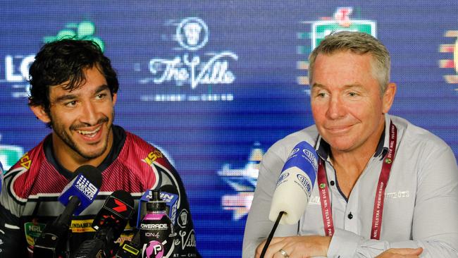 Cowboys co-captain Johnathan Thurston (left) and coach Paul Green speak to the media during a post-game press conference following the Round 22 NRL match between the North Queensland Cowboys and Brisbane Broncos at 1300SMILES Stadium in Townsville, Thursday, August 9, 2018. (AAP Image/Michael Chambers)