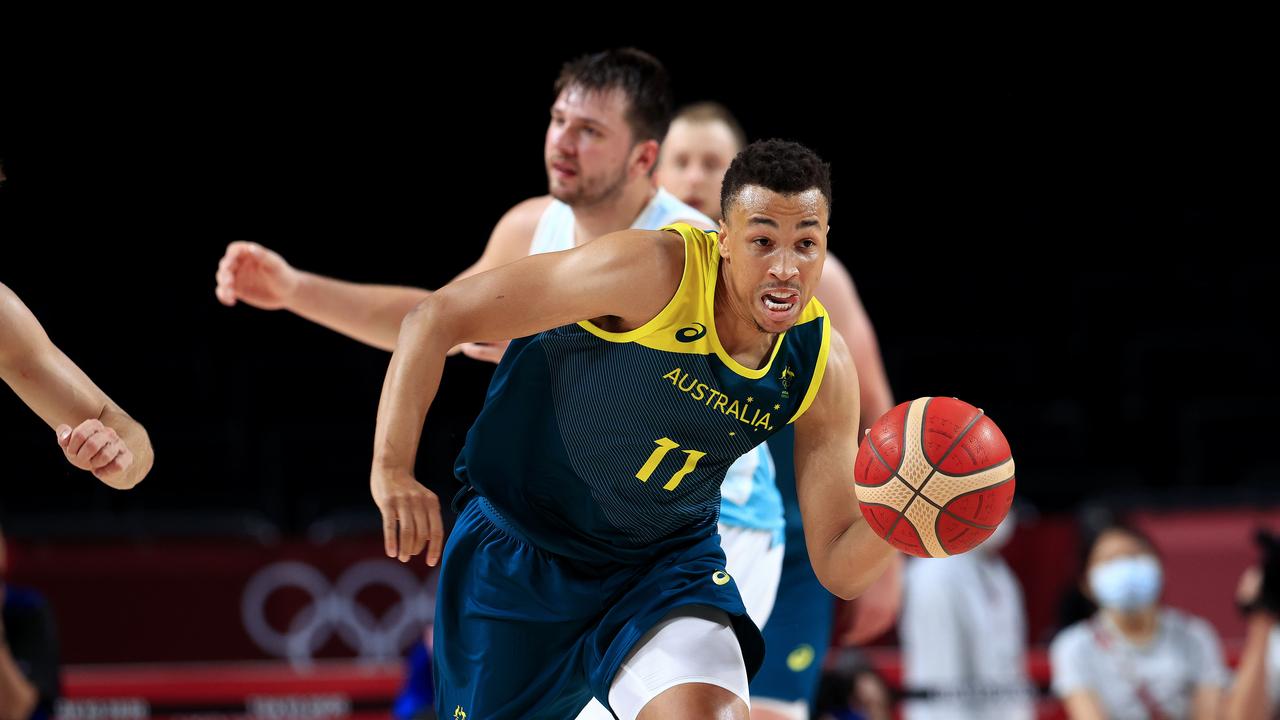 Dante Exum in action during Australia’s successful bronze medal playoff game against Slovenia at the Tokyo Olympics. Picture: Adam Head