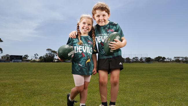 Siblings Florence Howard 4 and George Howard 5 who Auskickers at Lauderdale Football Club. The growth of Auskick participation in Tasmania has increased dramatically in the past year. Picture: Nikki Davis-Jones