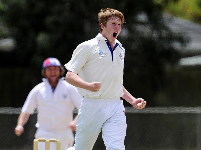 Mark Miller of Ballam Park celebrates the prize wicket of Nick Jewell.