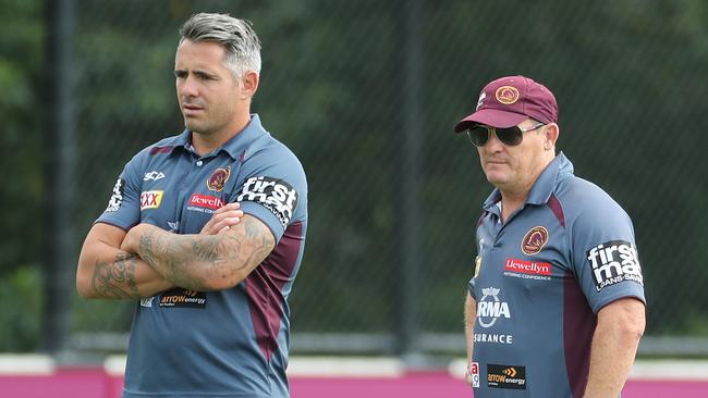 Corey Parker and Kevin Walters. The Brisbane Broncos training at Red Hill. Pic Peter Wallis