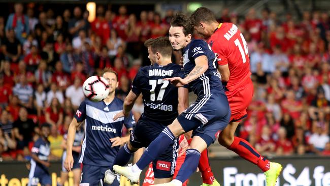 George Blackwood scores Adelaide United’s winner against Melbourne Victory at Hindmarsh Stadium last season. Picture: AAP Image/David James Elsby