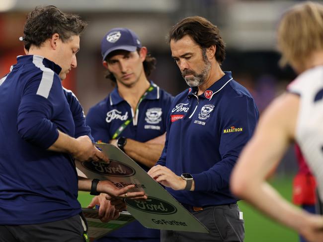 Geelong coach Chris Scott during the win over West Coast. Picture: Janelle St Pierre/AFL Photos