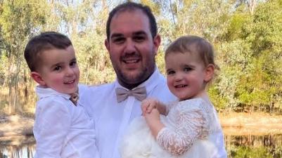 Kilsyth’s Cameron Waters, 33, died in Victoria’s west during a nine-day trip around Australia., He is pictured with his two children Tommy, 4, and Billie, 2. File picture.