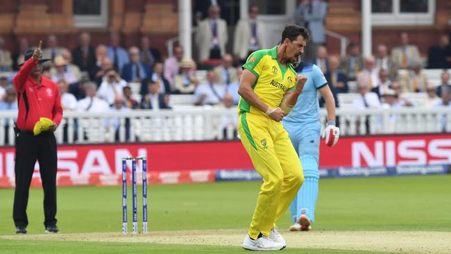 Australia’s Mitchell Starc celebrates the dismissal of England’s Joe Root in the World Cup preliminary match at Lord’s last month. Picture: AFP