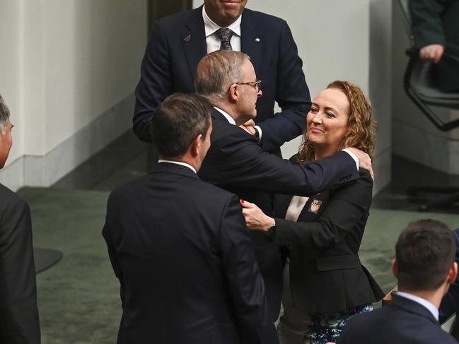 Prime Minister Anthony Albanese hugged new Aston MP Mary Doyle after her maiden speech on Thursday. Picture: NCA NewsWire / Martin Ollman