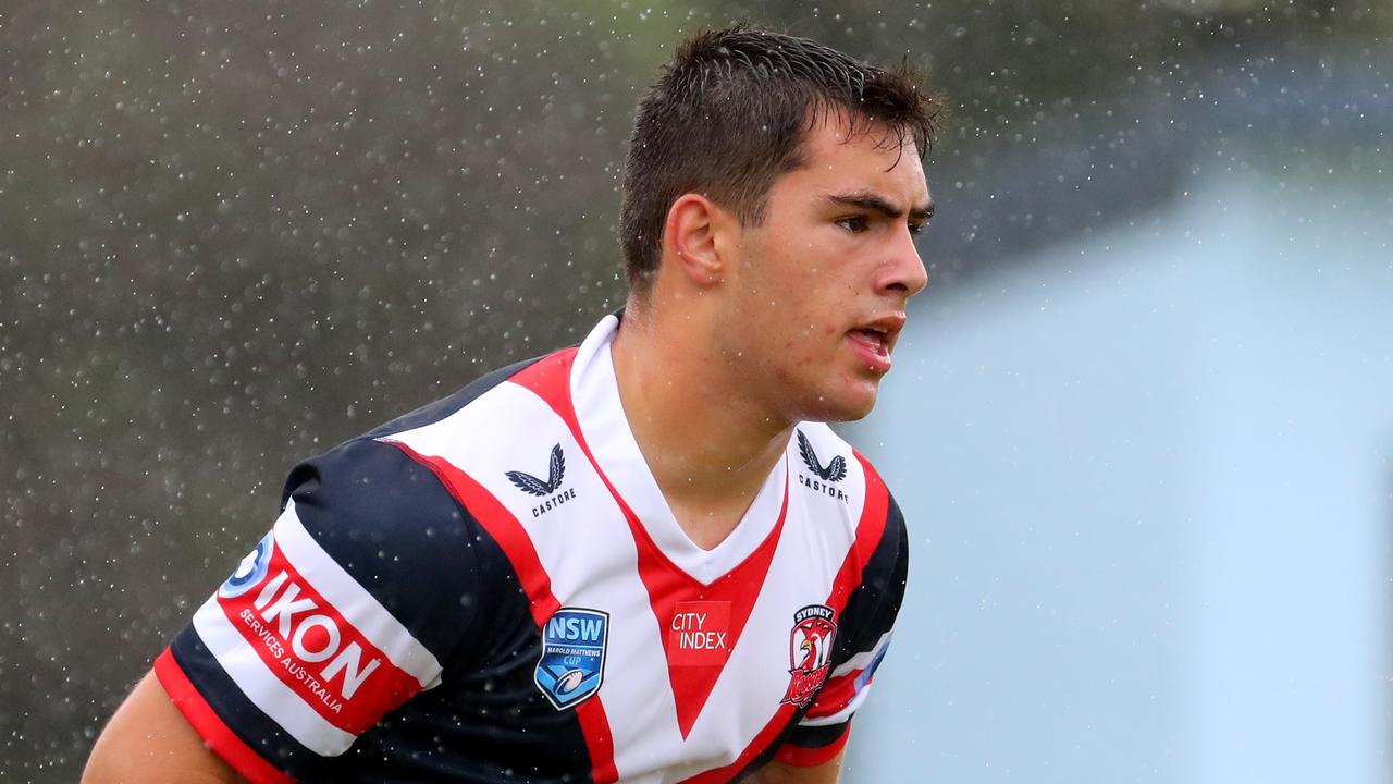 Zach Fittler of the Roosters looks on during the Round 1 Harold Matthews Cup match between the Sydney Roosters and the Parramatta Eels at Mascot Oval in Sydney on February 5, 2022 (Photo by Jeremy Ng/Newscorp)