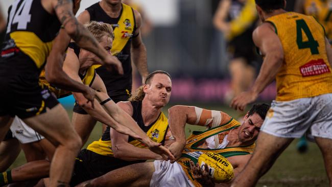 Ryan Nyhuis and Joel Garner in the 2023-24 NTFL Men's Grand Final between Nightcliff and St Mary's. Picture: Pema Tamang Pakhrin