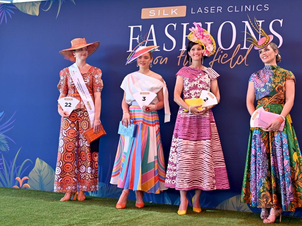 Mietta Russell, Jaimee Bruggemann, Allison Harvy and Hannah Burns compete in the 2021 Darwin Cup Fashions on the Field. Picture: Julianne Osborne