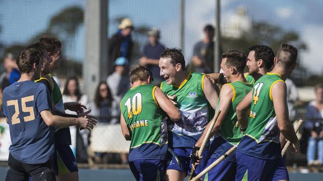 Brisbane celebrate the win against Toowoomba 1 in Hockey Queensland Championships men's final at Clyde Park, Monday, May 3, 2021. Picture: Kevin Farmer